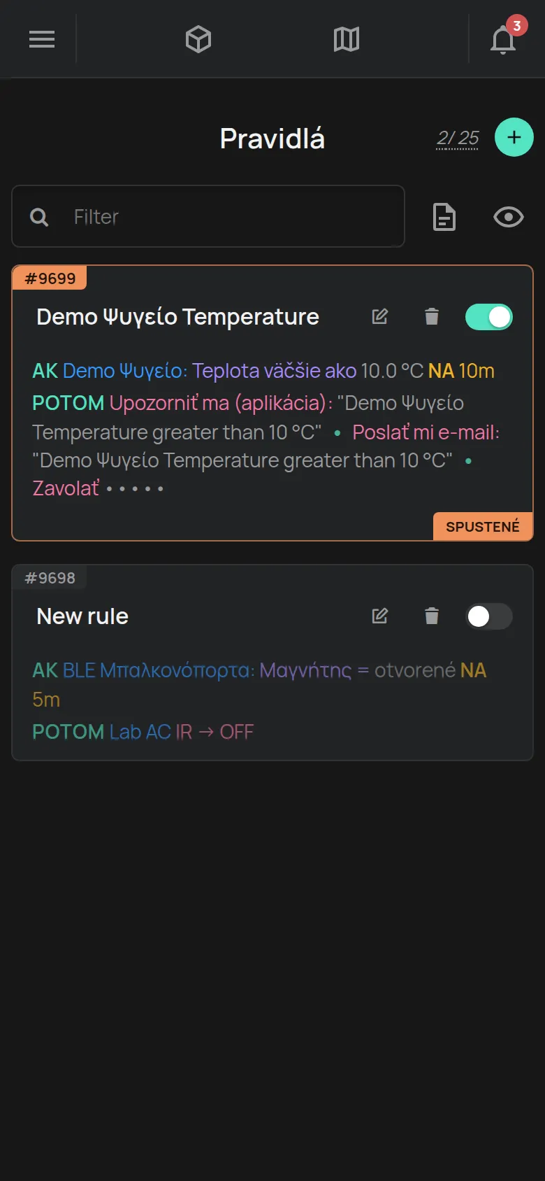 Stránka Pravidlá s pravidlom pre teplotu, ktoré sa spustilo