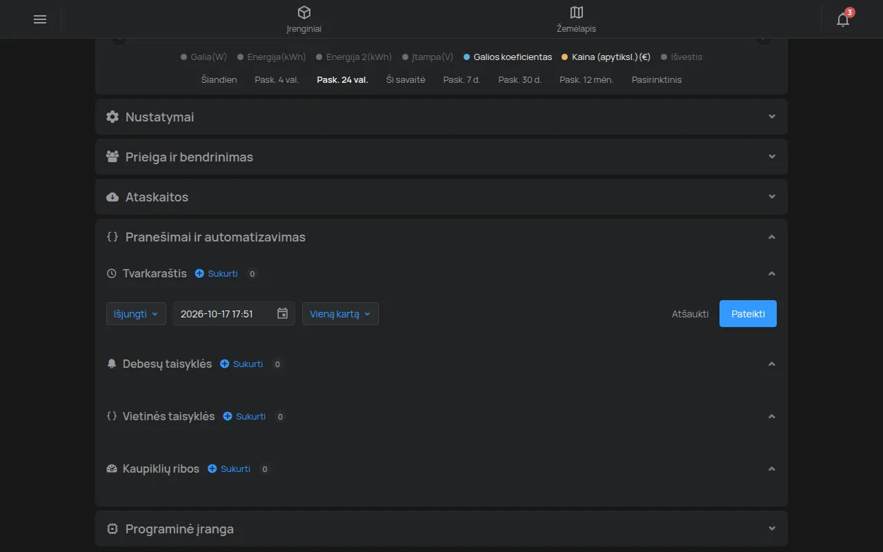 Tvarkaraščio kūrimo forma įrenginio puslapyje