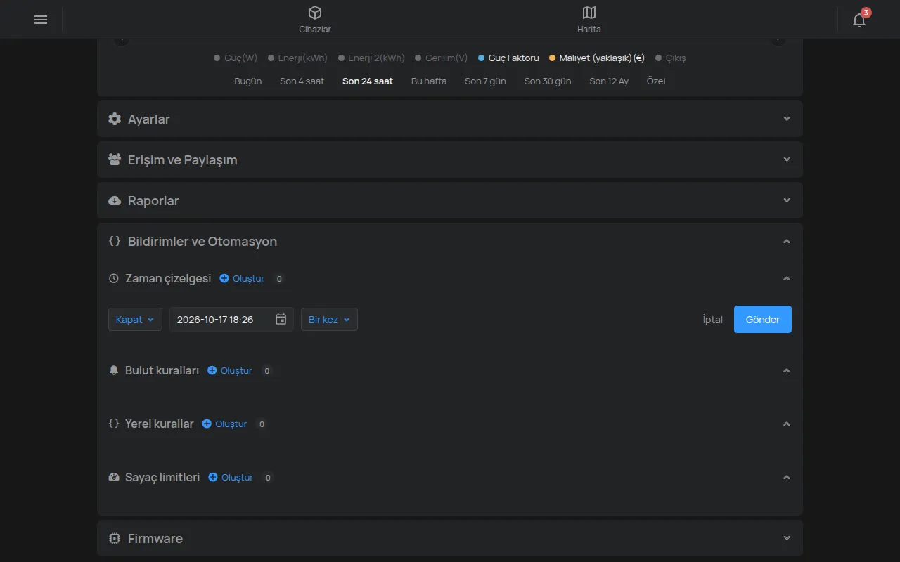 Cihaz sayfasında zaman çizelgesi oluşturma formu