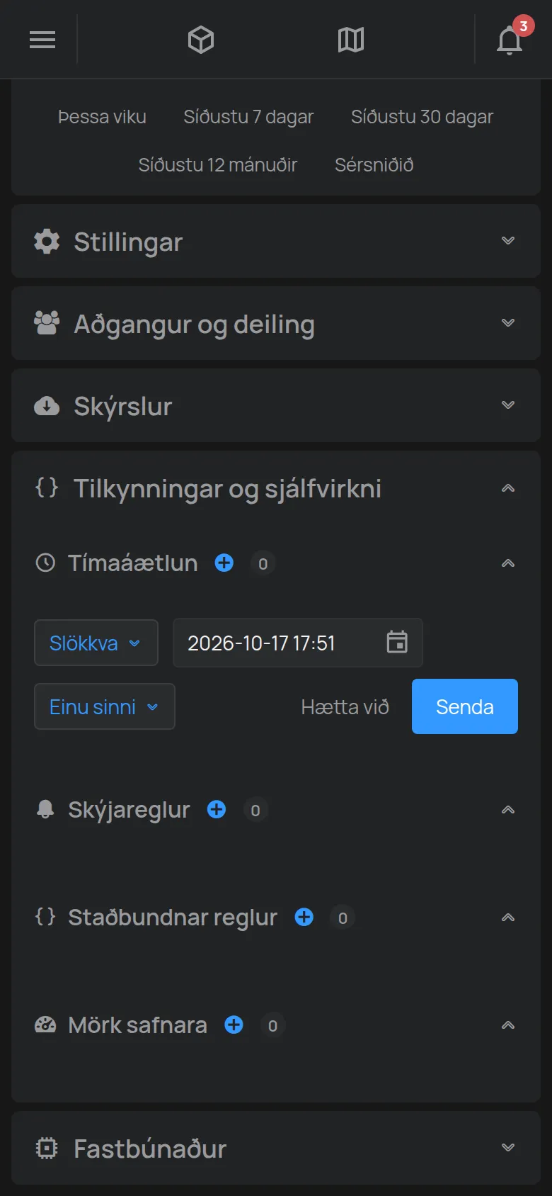 Eyðublaðið til að búa til tímaáætlun á síðu tækisins