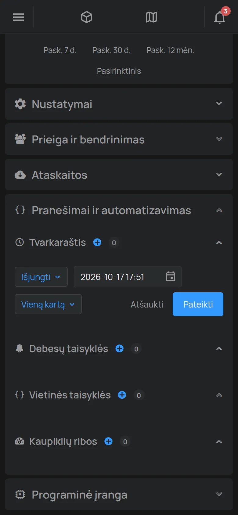 Tvarkaraščio kūrimo forma įrenginio puslapyje