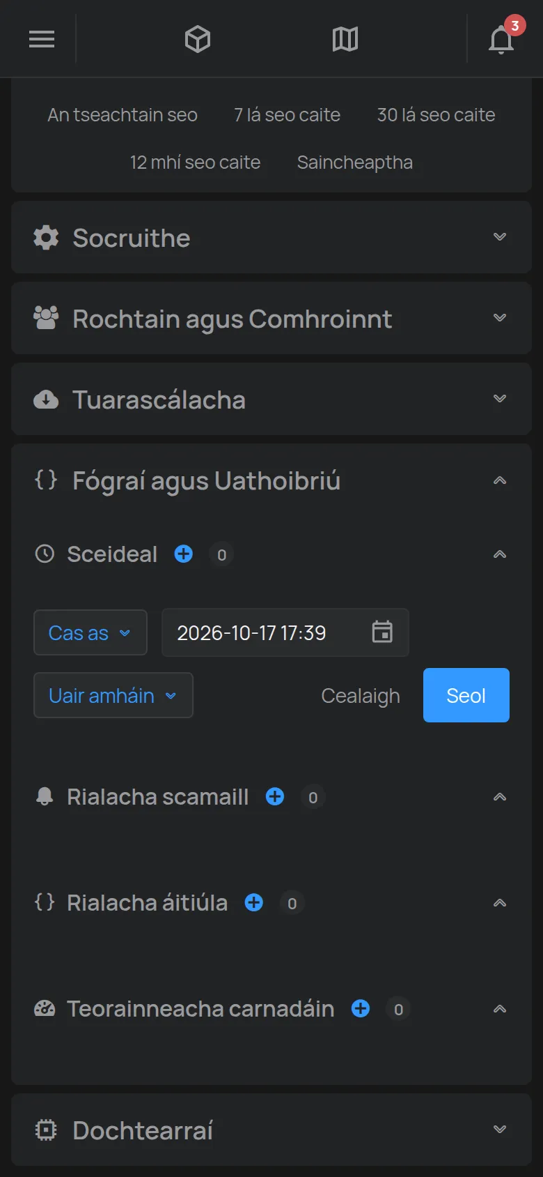 An fhoirm chun sceideal a chruthú ar leathanach an ghléis