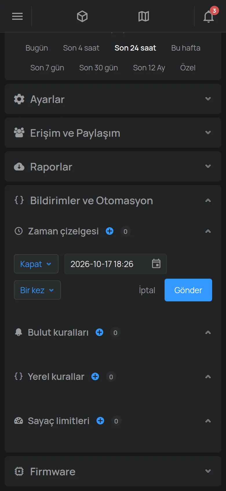 Cihaz sayfasında zaman çizelgesi oluşturma formu