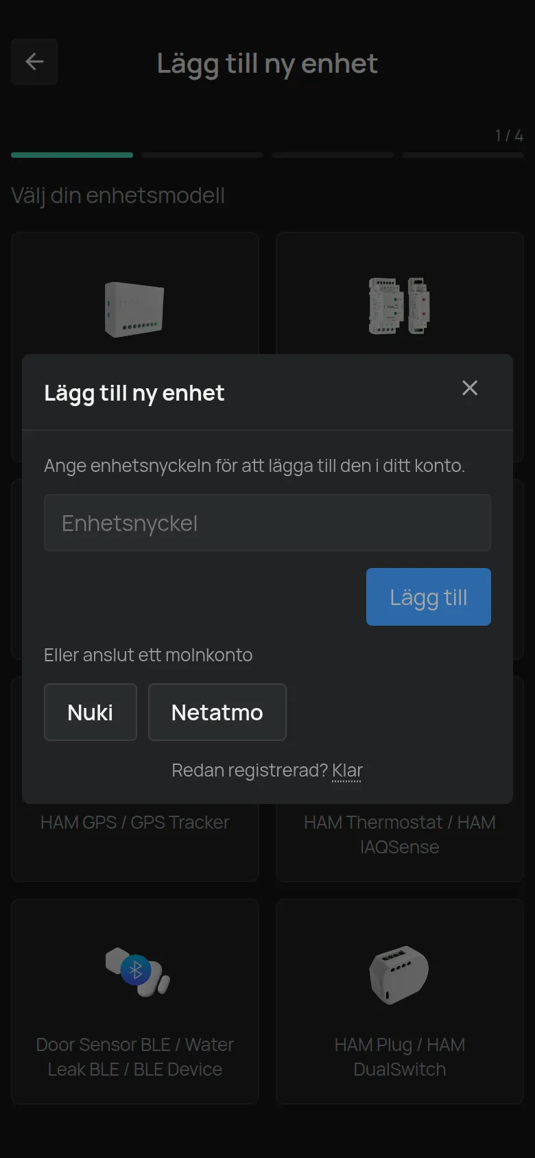 Dialogrutan Lägg till ny enhet som öppnas när du har valt en BLE-enhet