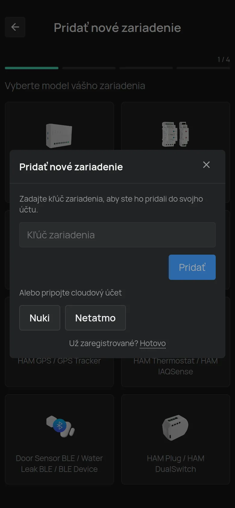 Okno Pridať nové zariadenie, ktoré sa otvorí po výbere zariadenia BLE