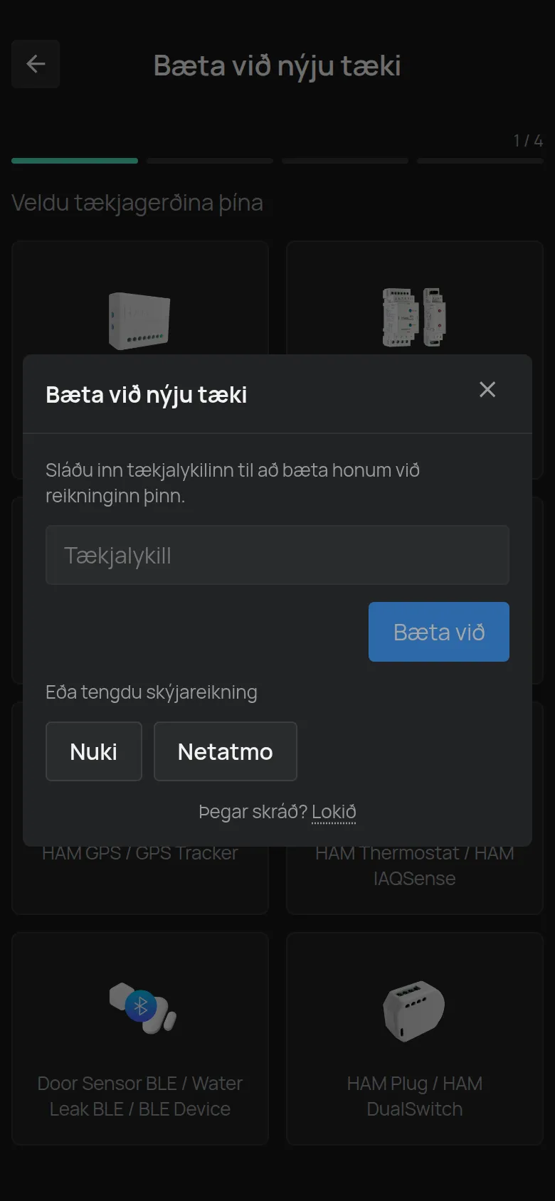 Glugginn Bæta við nýju tæki sem opnast eftir að þú velur BLE-tæki