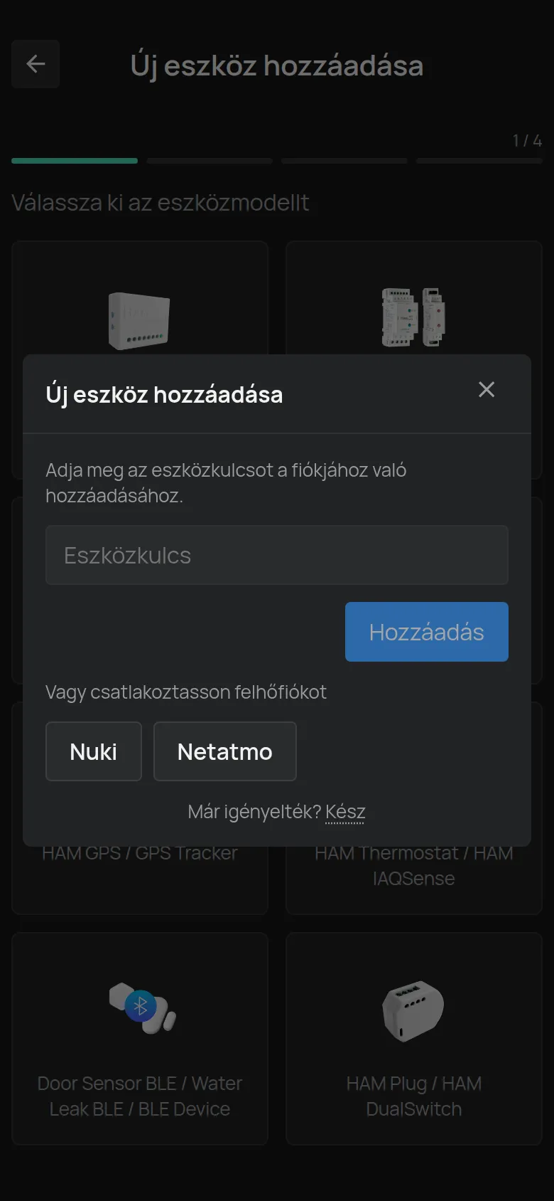 Az Új eszköz hozzáadása ablak, amely egy BLE eszköz kiválasztása után nyílik meg