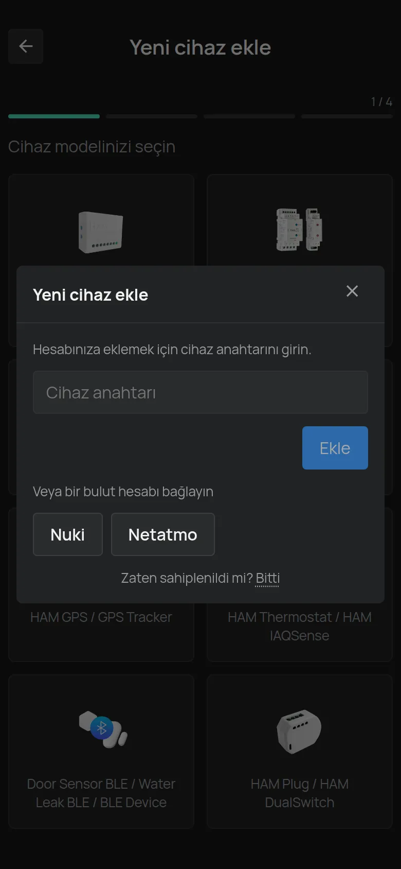 Bir BLE cihazı seçtikten sonra açılan Yeni cihaz ekle penceresi