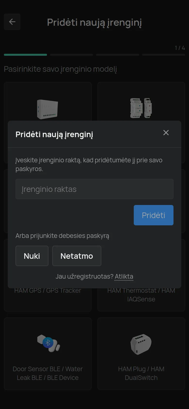 Dialogas Pridėti naują įrenginį, kuris atsidaro pasirinkus BLE įrenginį