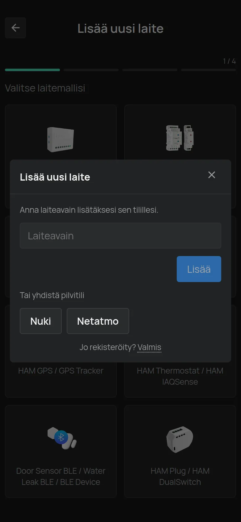 Lisää uusi laite -ikkuna, joka avautuu, kun valitset BLE-laitteen