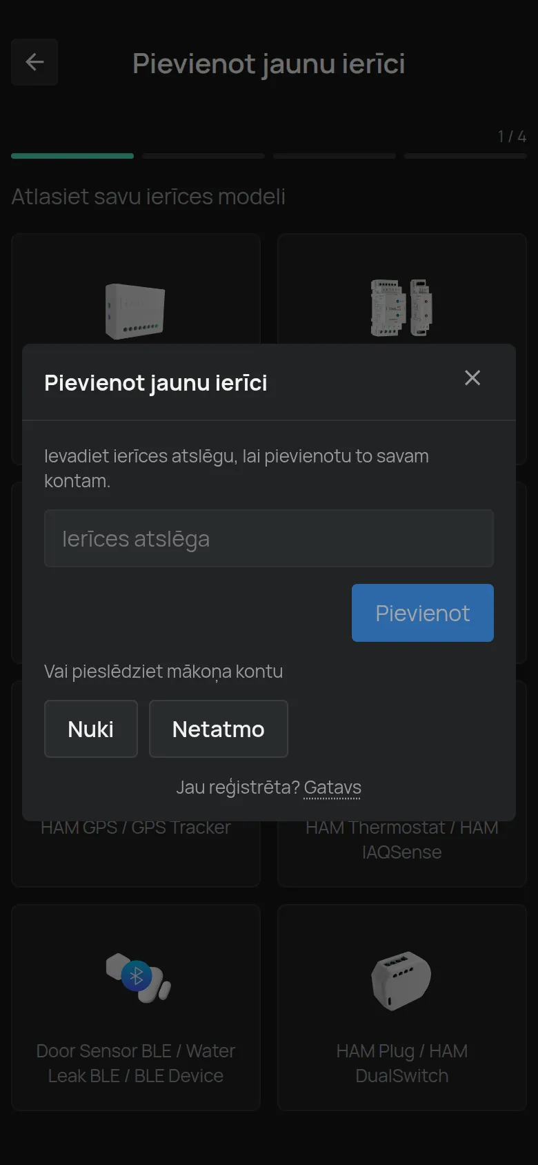 Dialogs Pievienot jaunu ierīci, kas atveras pēc BLE ierīces atlasīšanas