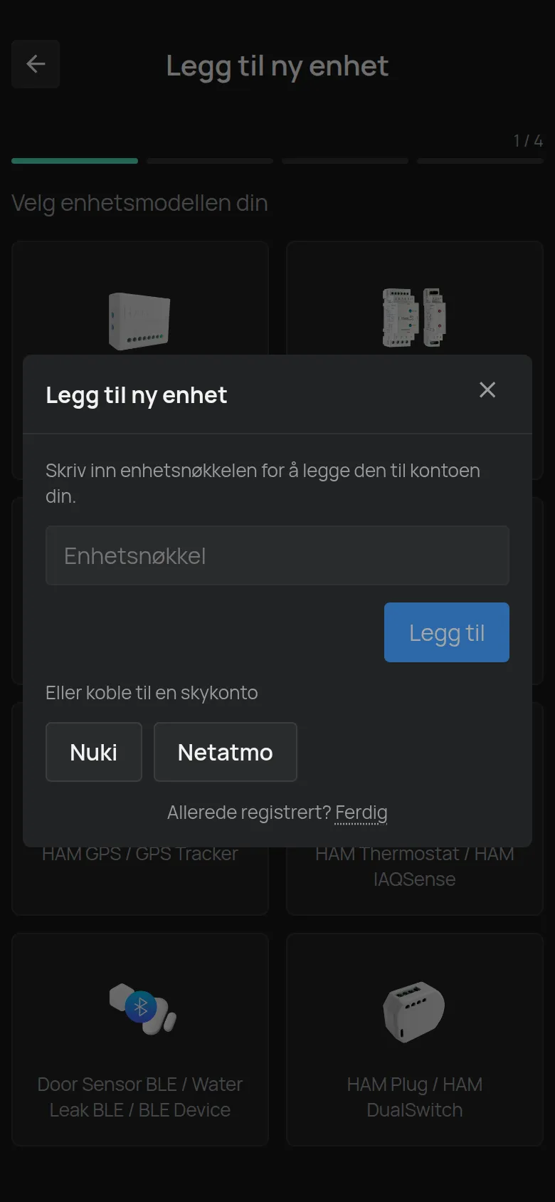 Dialogboksen Legg til ny enhet som åpnes når du velger en BLE-enhet