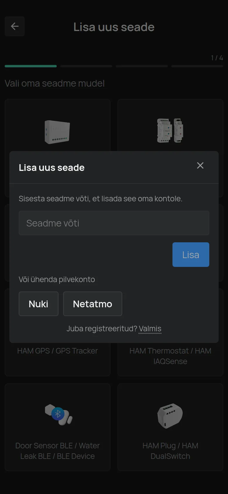 Dialoog Lisa uus seade, mis avaneb pärast BLE seadme valimist