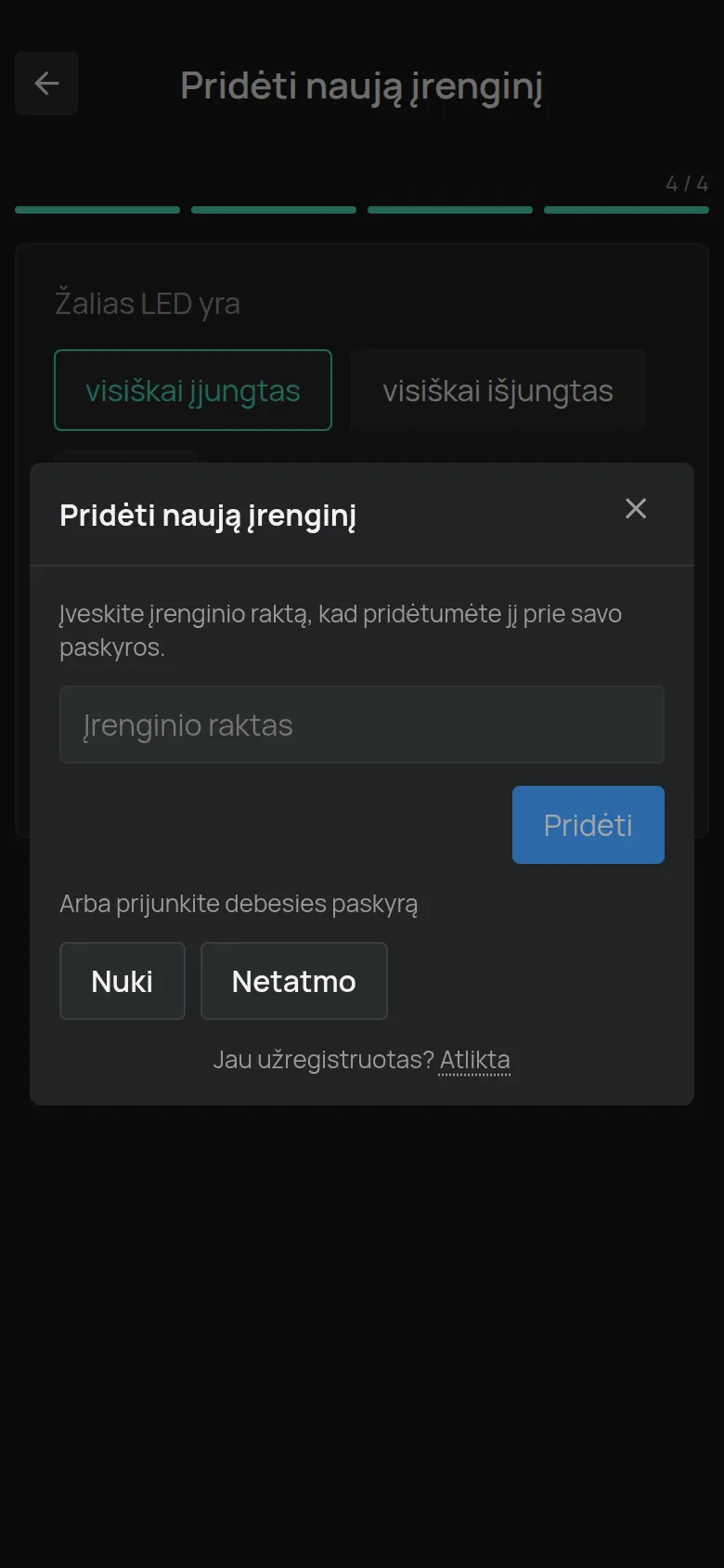 Dialogas Pridėti naują įrenginį su lauku Įrenginio raktas