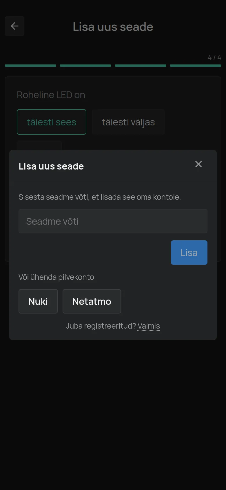 Dialoog Lisa uus seade väljaga Seadme võti