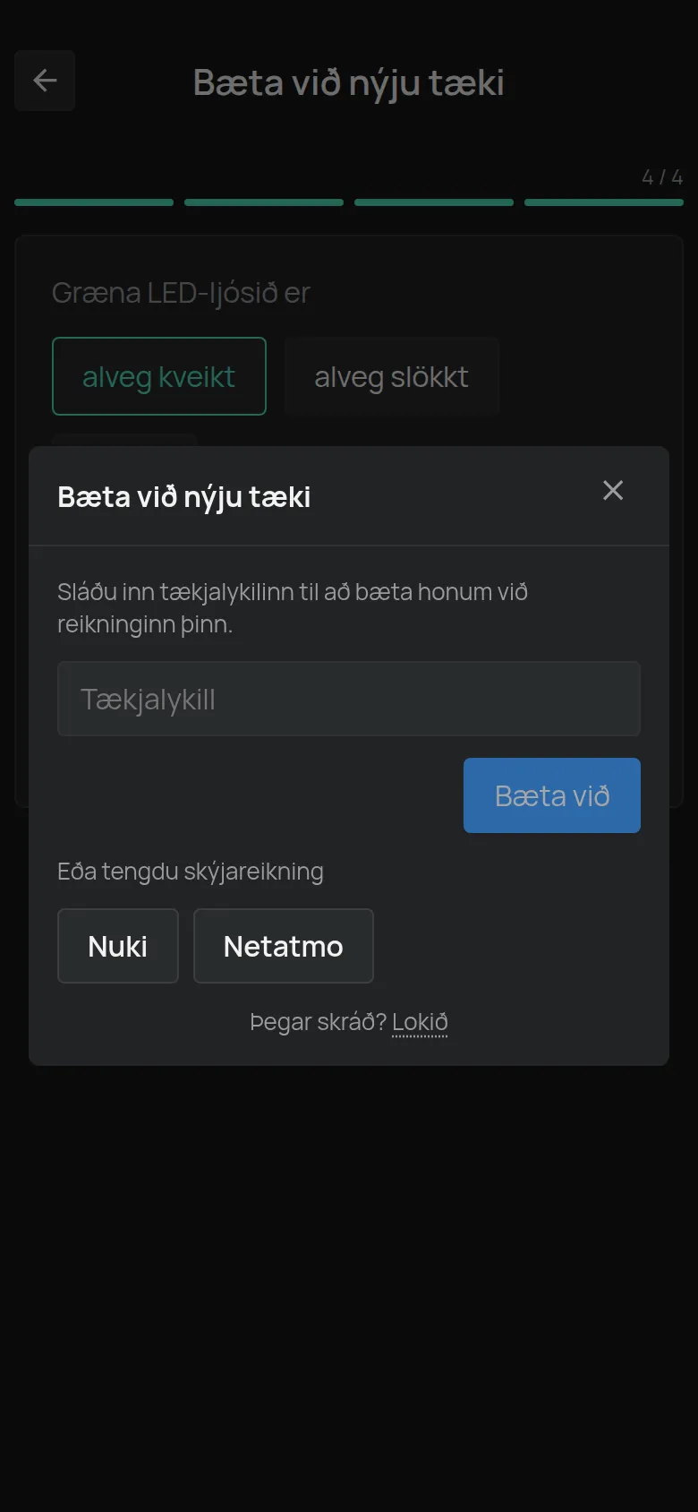 Glugginn Bæta við nýju tæki með reitnum Tækjalykill