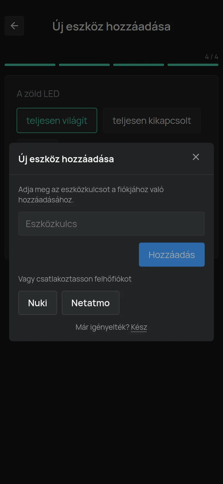 Az Új eszköz hozzáadása ablak az Eszközkulcs mezővel