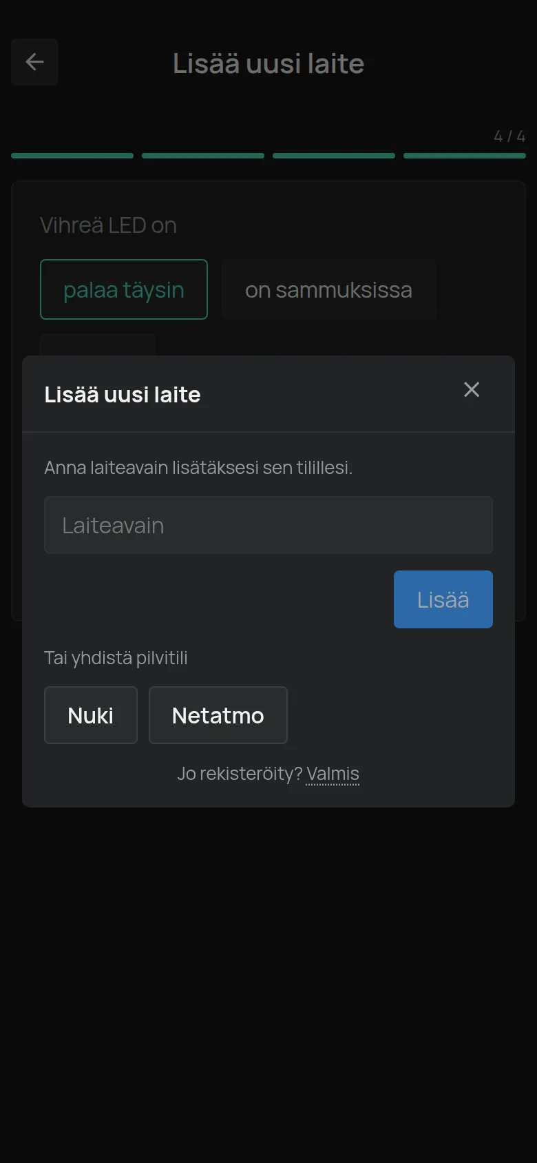 Lisää uusi laite -ikkuna ja Laiteavain-kenttä