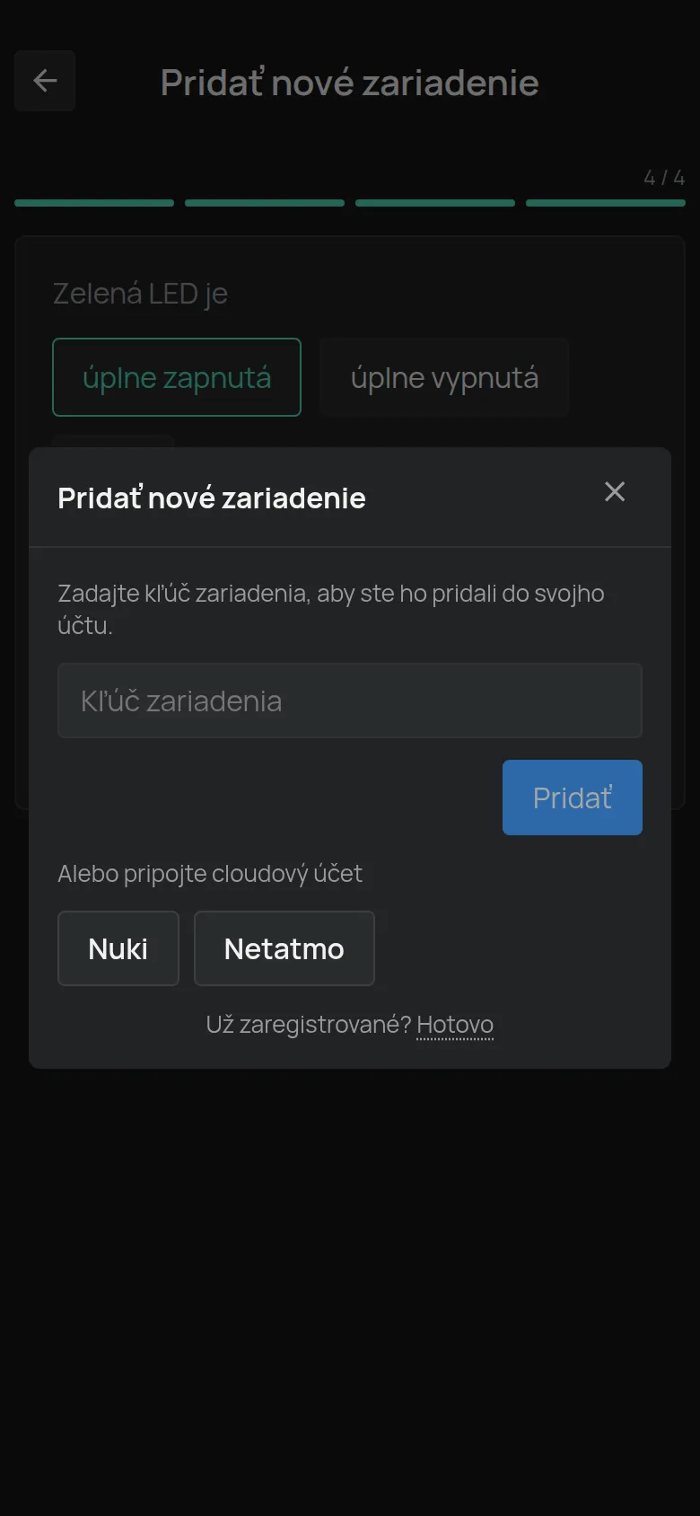 Okno Pridať nové zariadenie s poľom Kľúč zariadenia