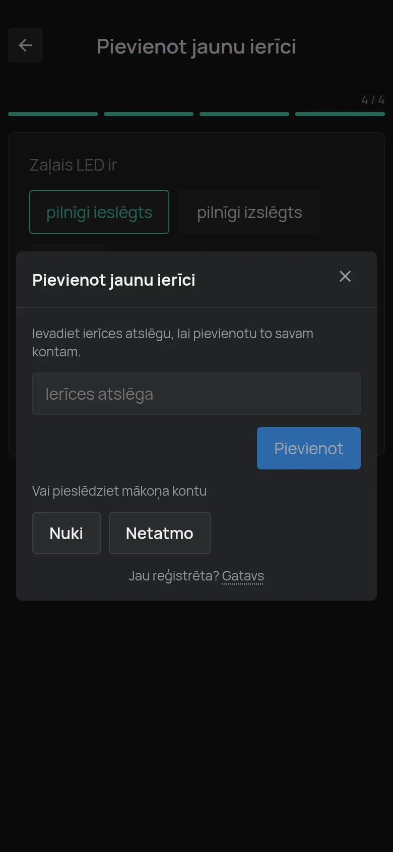 Dialogs Pievienot jaunu ierīci ar lauku Ierīces atslēga