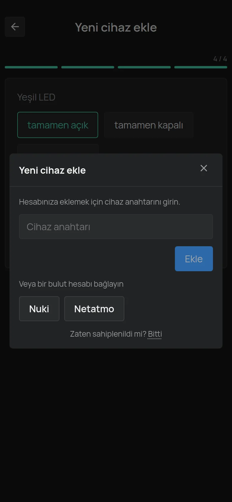 Cihaz anahtarı alanıyla Yeni cihaz ekle penceresi
