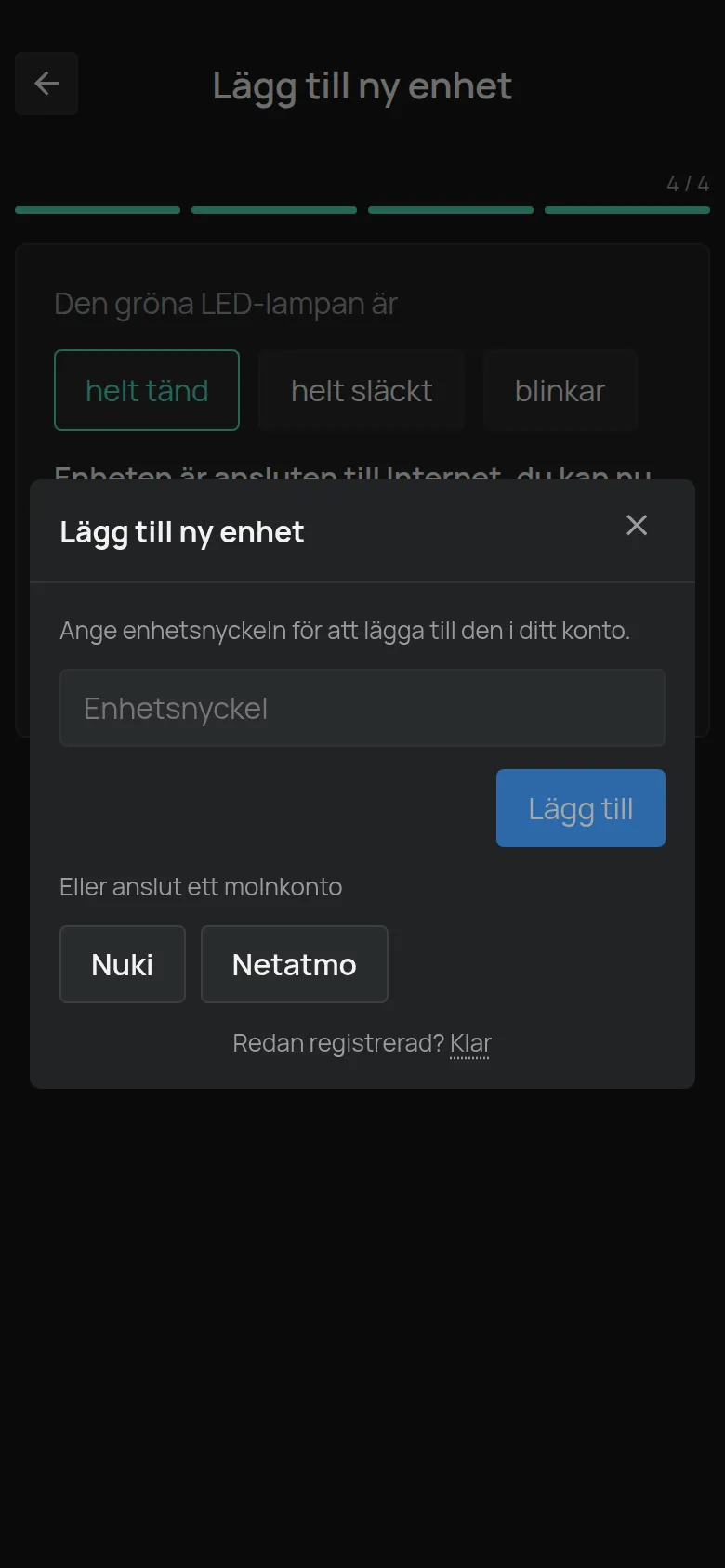 Dialogrutan Lägg till ny enhet med fältet Enhetsnyckel