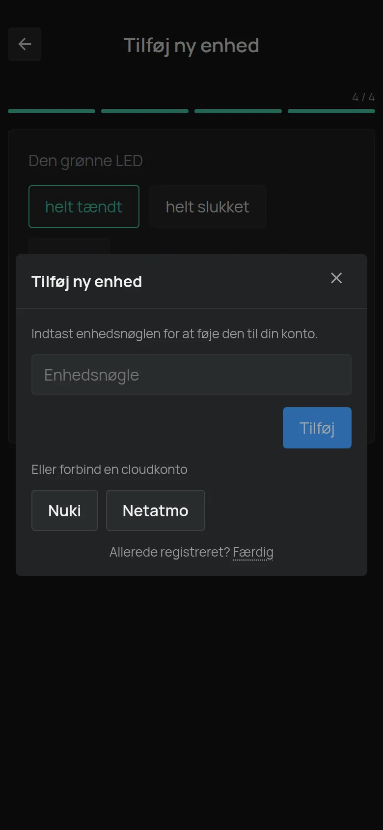 Dialogen Tilføj ny enhed med feltet Enhedsnøgle