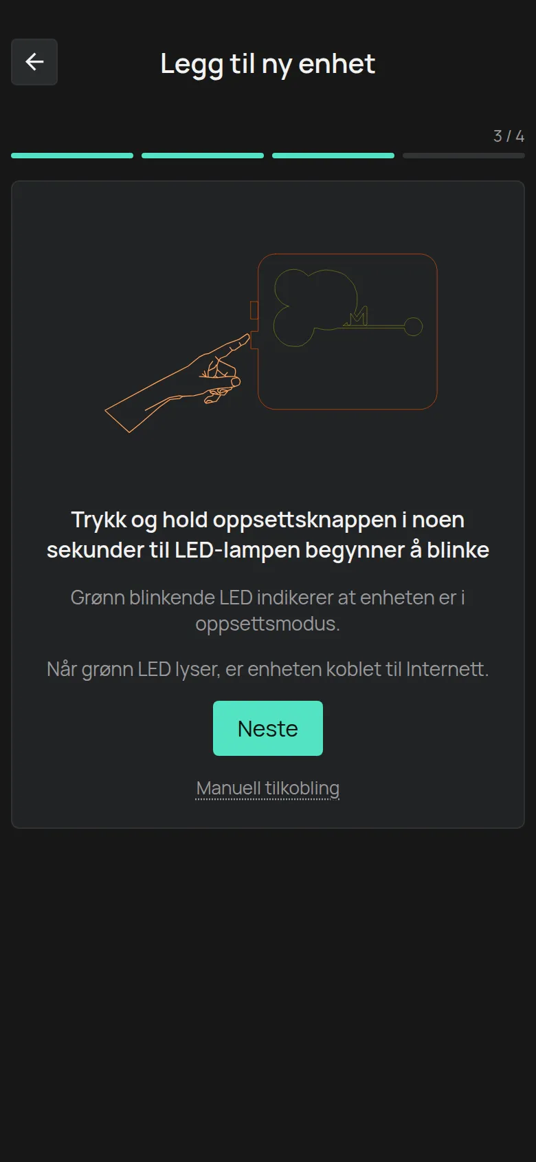 Instruksjonen for oppsettsknappen, med knappen Neste og lenken Manuell tilkobling