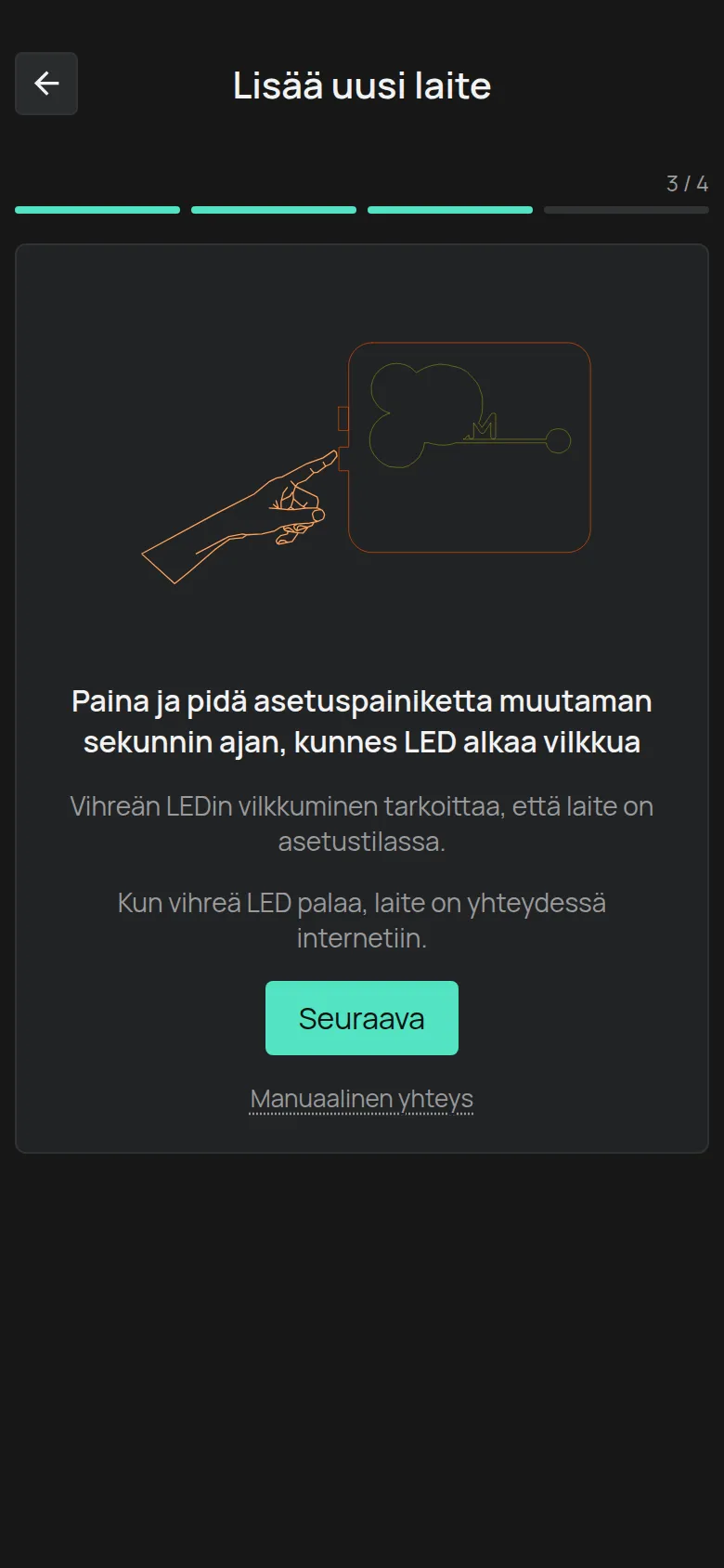 Asennuspainikkeen ohje, Seuraava-painike ja Manuaalinen yhteys -linkki
