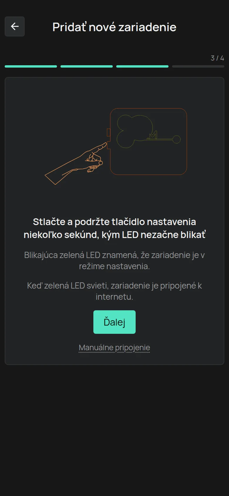 Pokyn pre tlačidlo nastavenia s tlačidlom Ďalej a odkazom Manuálne pripojenie