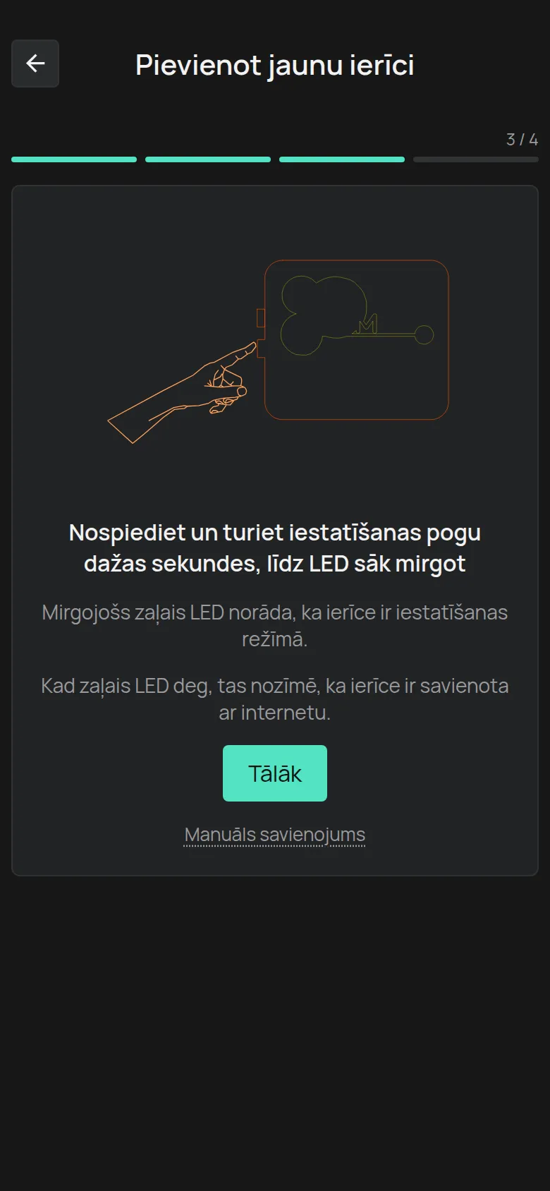 Norādījums par iestatīšanas pogu ar pogu Tālāk un saiti Manuāls savienojums