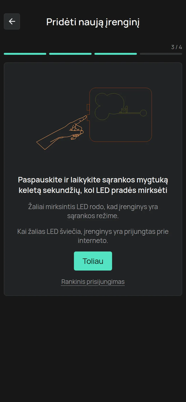 Sąrankos mygtuko nurodymas su mygtuku Toliau ir nuoroda Rankinis prisijungimas