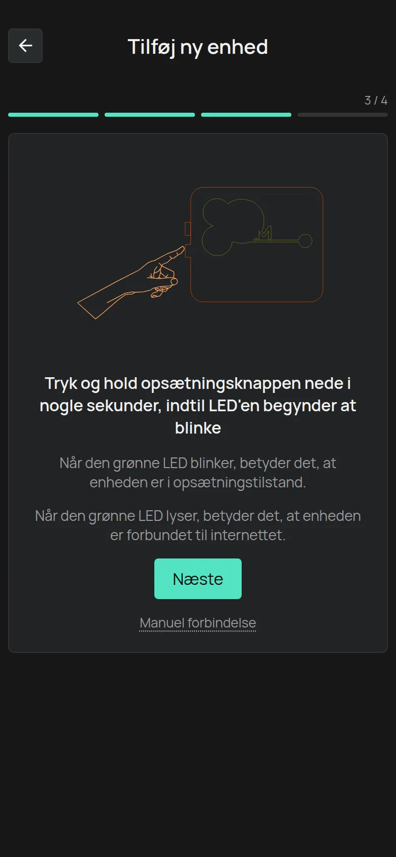 Instruktionen for opsætningsknappen med knappen Næste og linket Manuel forbindelse
