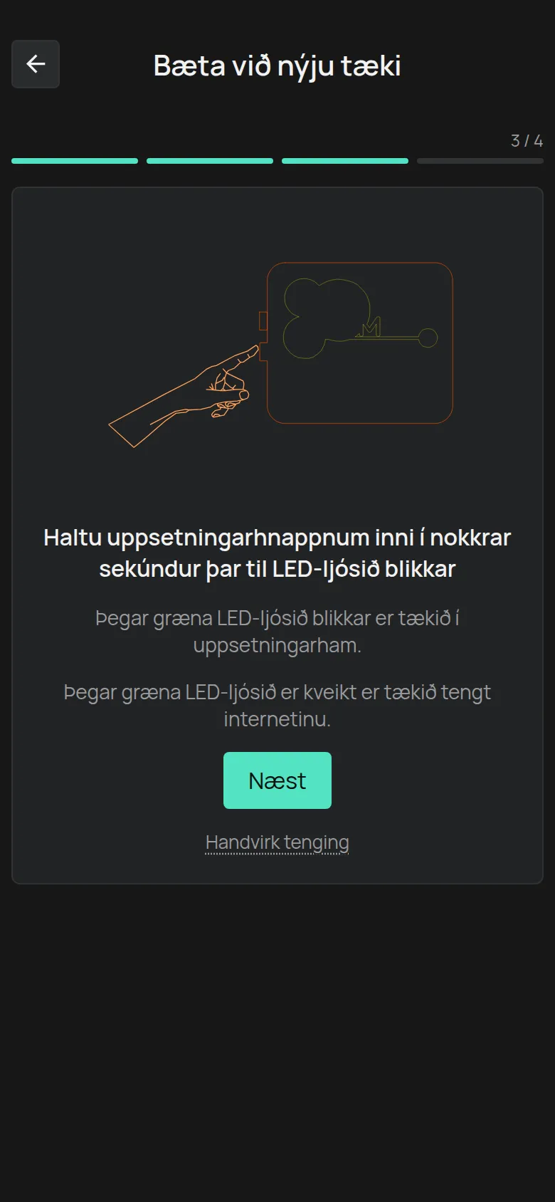 Leiðbeiningin fyrir uppsetningarhnappinn, með hnappinum Næst og tenglinum Handvirk tenging
