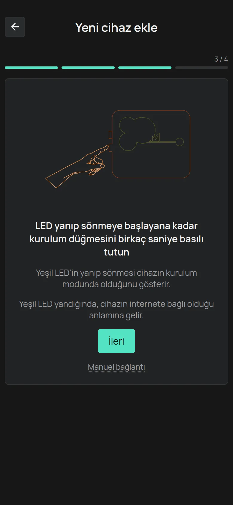İleri düğmesi ve Manuel bağlantı bağlantısıyla kurulum düğmesi talimatı
