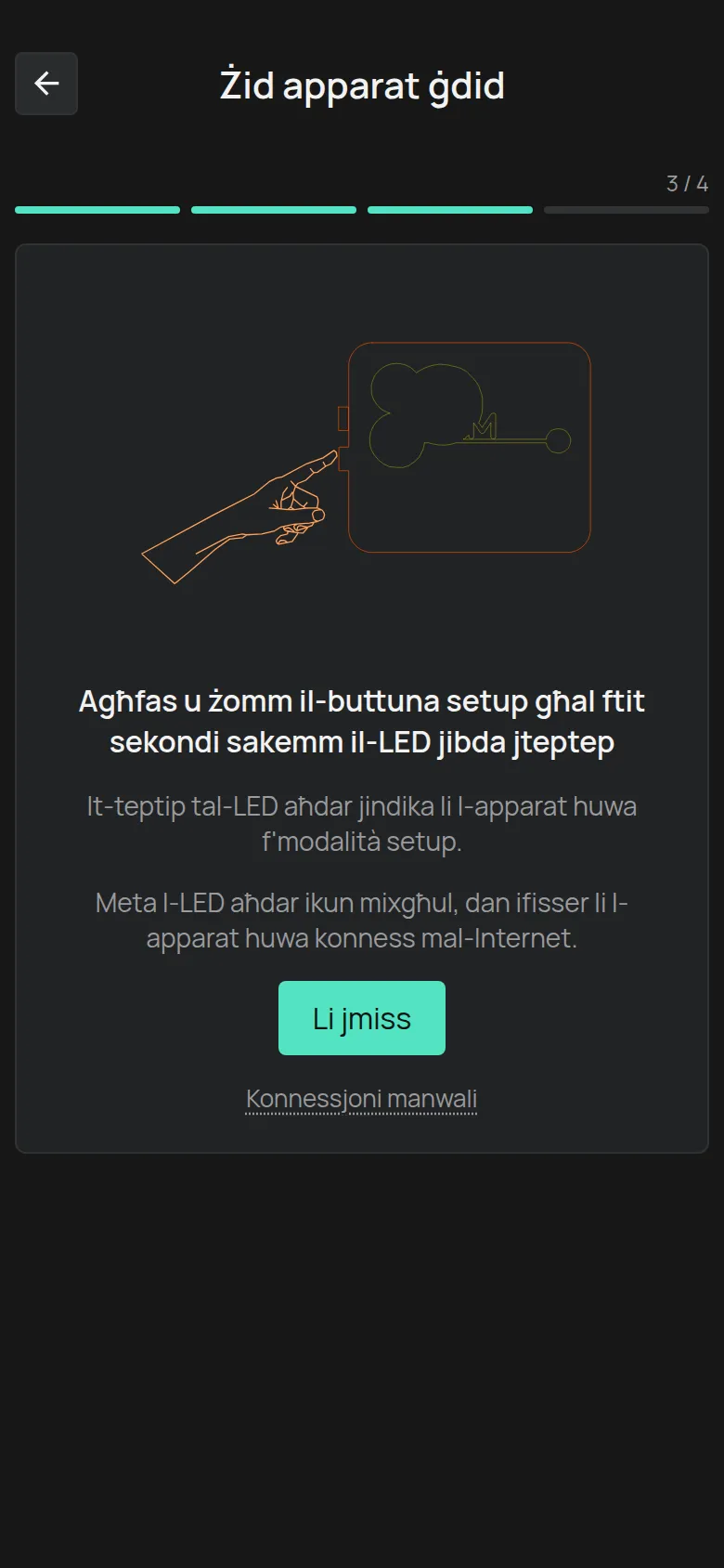 L-istruzzjoni għall-buttuna tas-setup, bil-buttuna Li jmiss u l-link Konnessjoni manwali