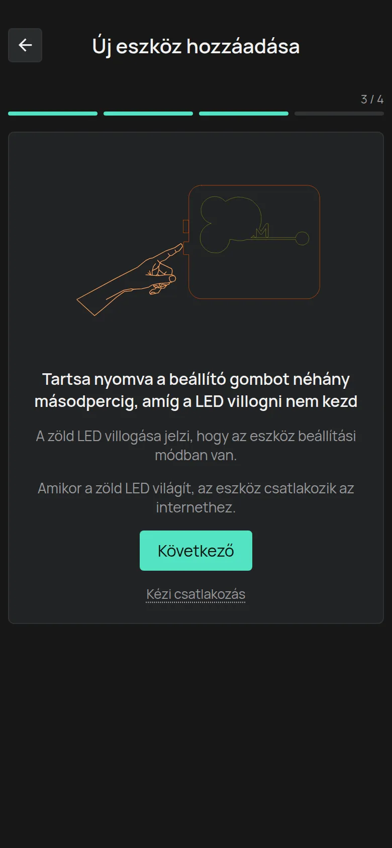 A beállítógombra vonatkozó utasítás a Következő gombbal és a Kézi csatlakozás hivatkozással