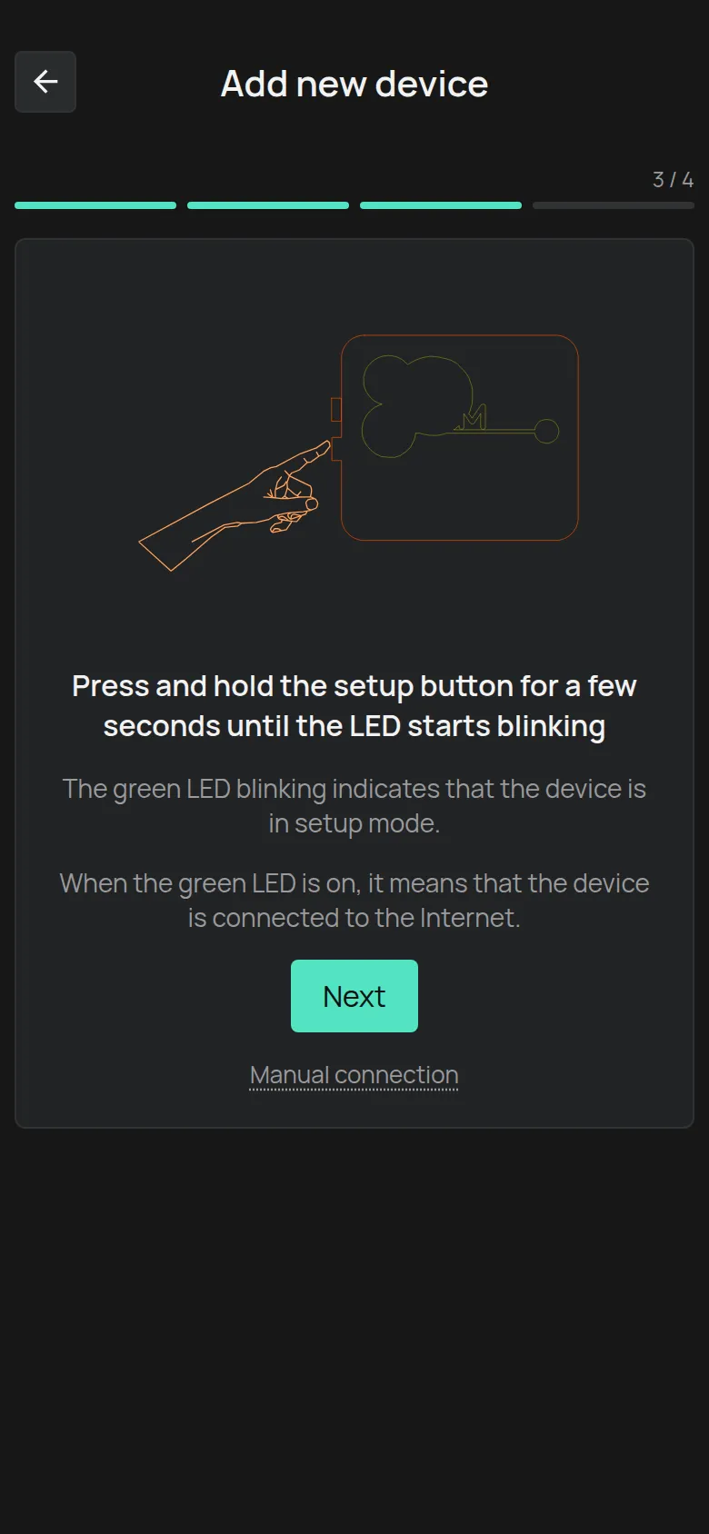 La instrucción del botón de configuración, con el botón Siguiente y el enlace Conexión manual