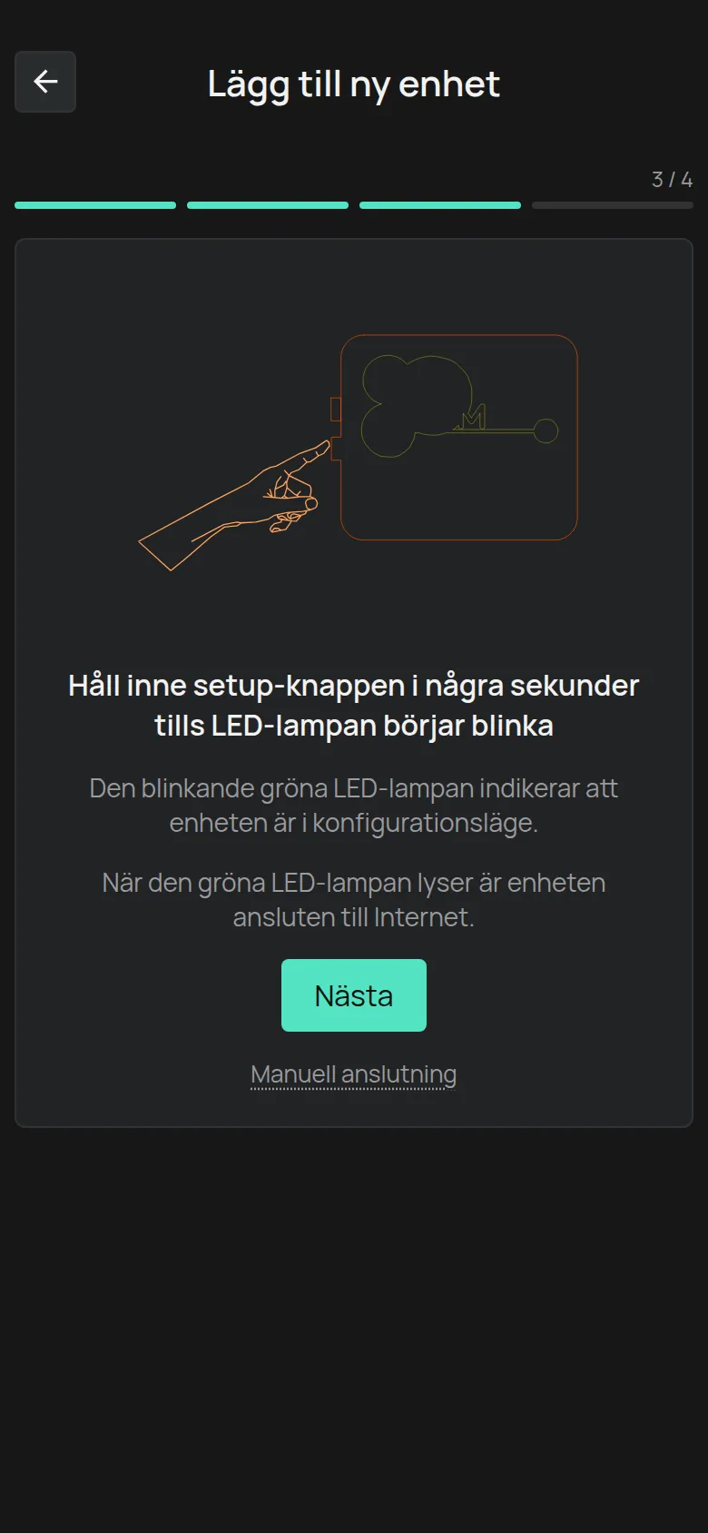 Instruktionen för konfigurationsknappen, med knappen Nästa och länken Manuell anslutning