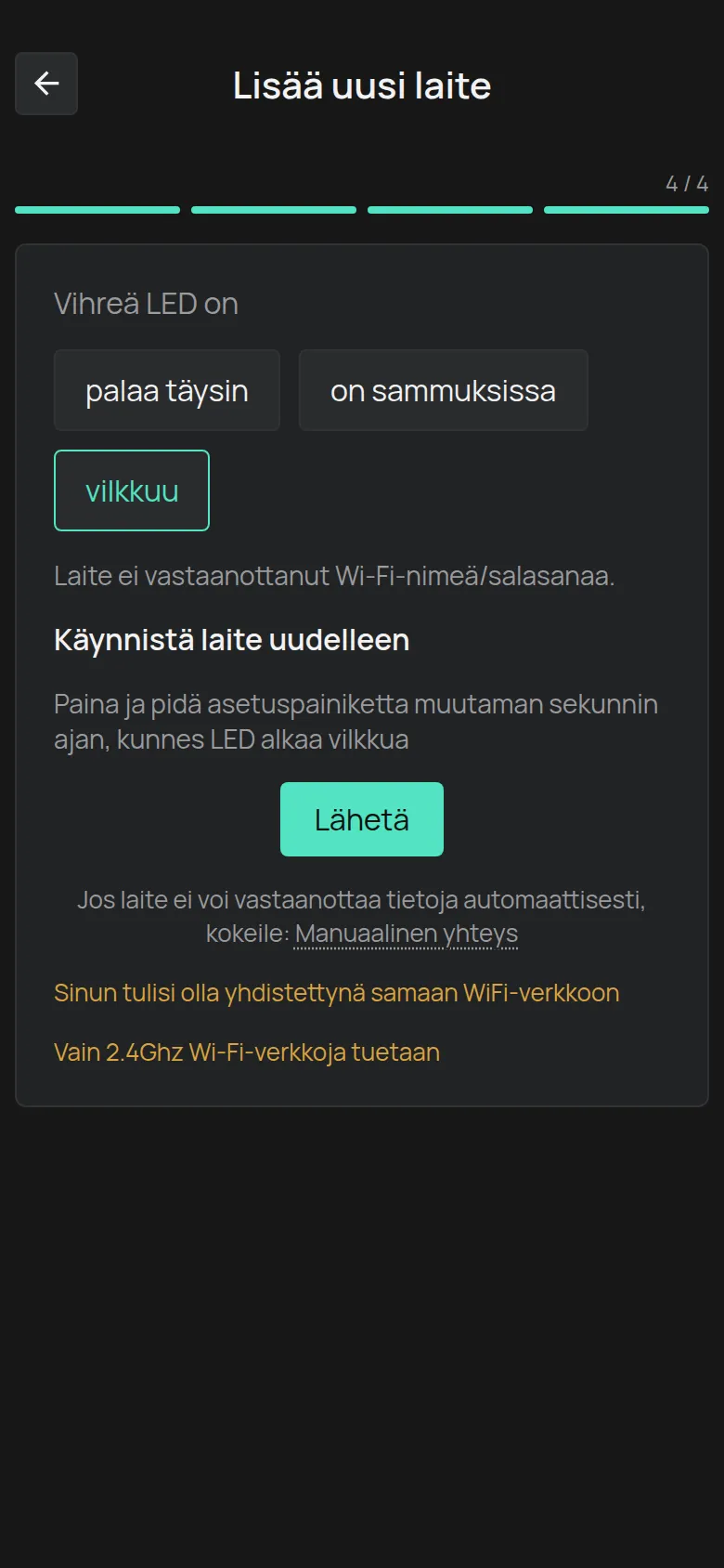 Viesti vilkkuvalle LEDille, Lähetä-painike ja Manuaalinen yhteys -linkki