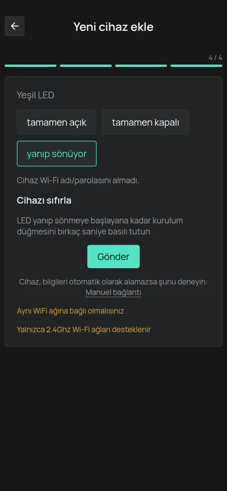 Gönder düğmesi ve Manuel bağlantı bağlantısıyla yanıp sönen LED için mesaj
