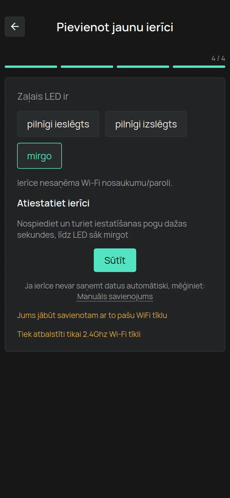 Ziņojums par mirgojošu LED ar pogu Sūtīt un saiti Manuāls savienojums