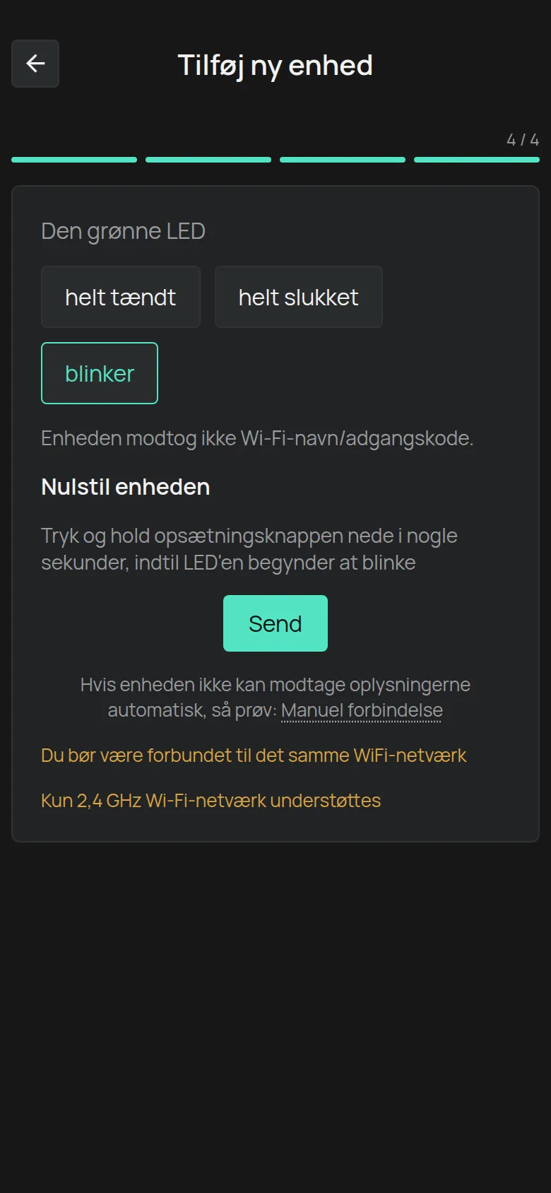 Meddelelsen for en LED, der blinker, med knappen Send og linket Manuel forbindelse