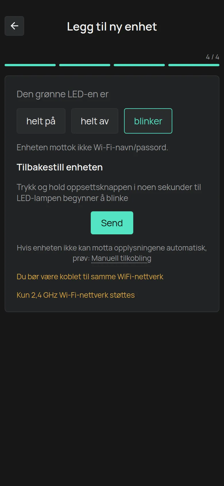 Meldingen for en LED som blinker, med knappen Send og lenken Manuell tilkobling