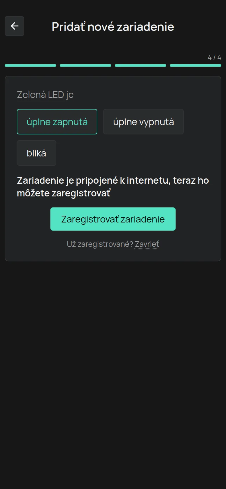 Správa, že zariadenie je pripojené, s tlačidlom Zaregistrovať zariadenie