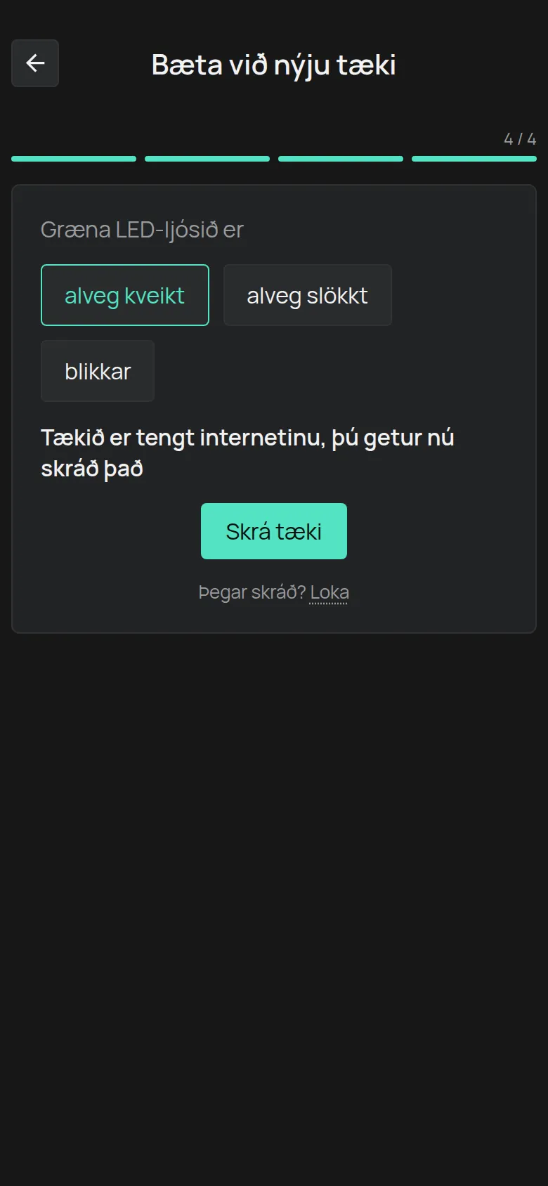 Skilaboðin um að tækið sé tengt, með hnappinum Skrá tæki