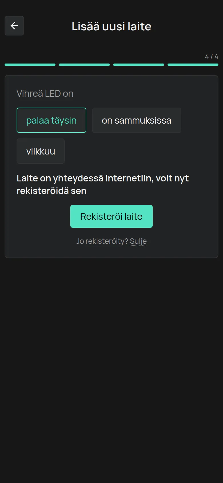 Viesti, että laite on yhdistetty, ja Rekisteröi laite -painike