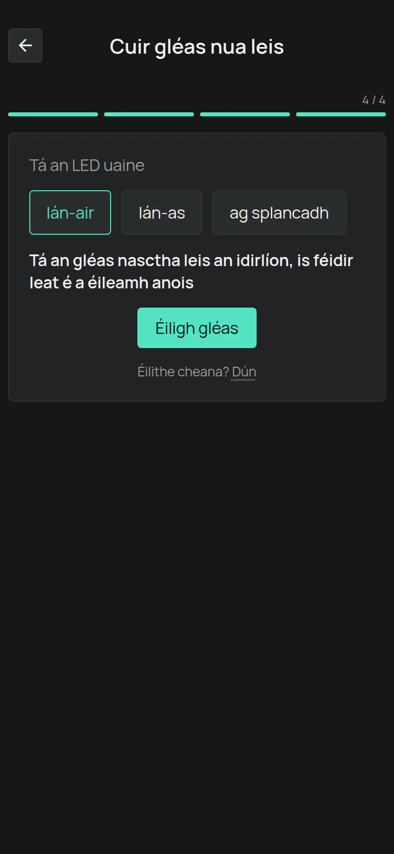 An teachtaireacht go bhfuil an gléas ceangailte, leis an gcnaipe Éiligh gléas