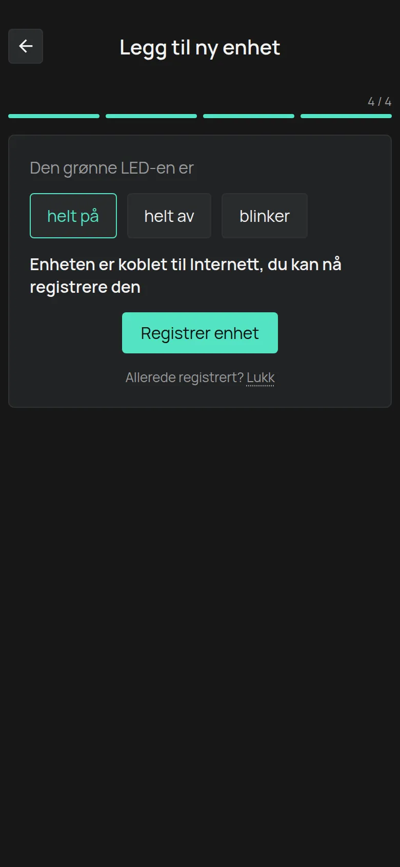 Meldingen om at enheten er tilkoblet, med knappen Registrer enhet