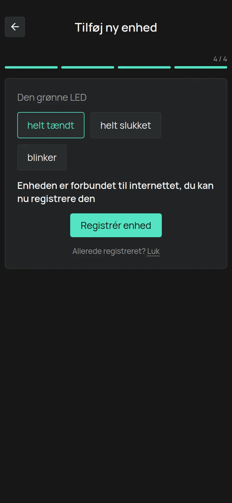 Meddelelsen om, at enheden er forbundet, med knappen Registrér enhed